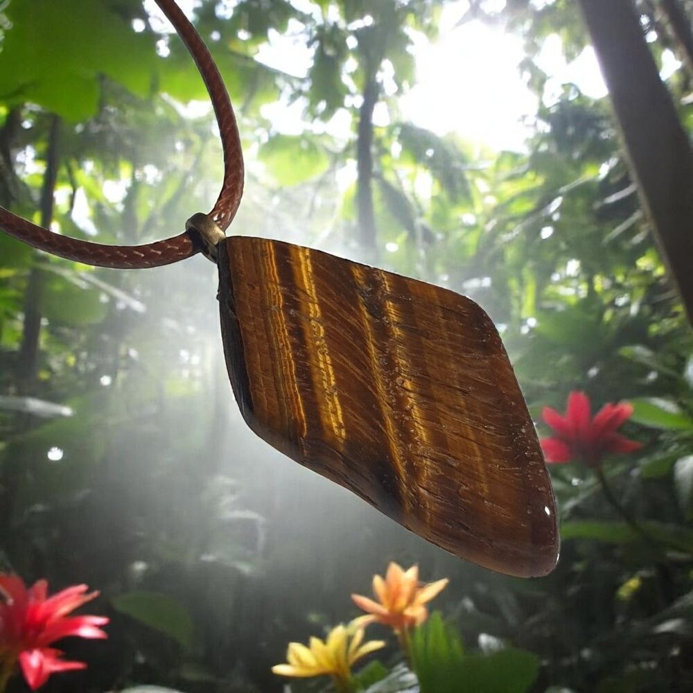Tigers Eye Pendant Brown Leather Cord Necklace Protection Healing Stone Earth